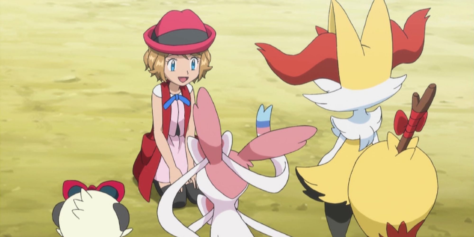 Serena talking to Pancham, Braixen, and Sylveon on a Pokemon field