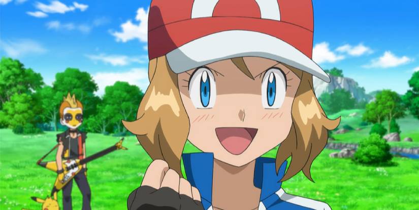 Serena dressed as Ash standing in front of Jimmy and his rockstar Pikachu