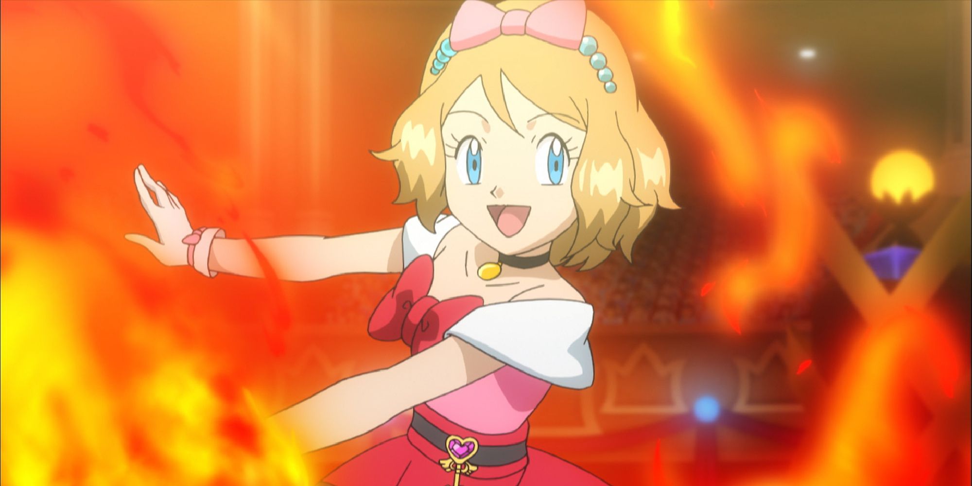 Serena performing with fire in a Pokemon Showcase