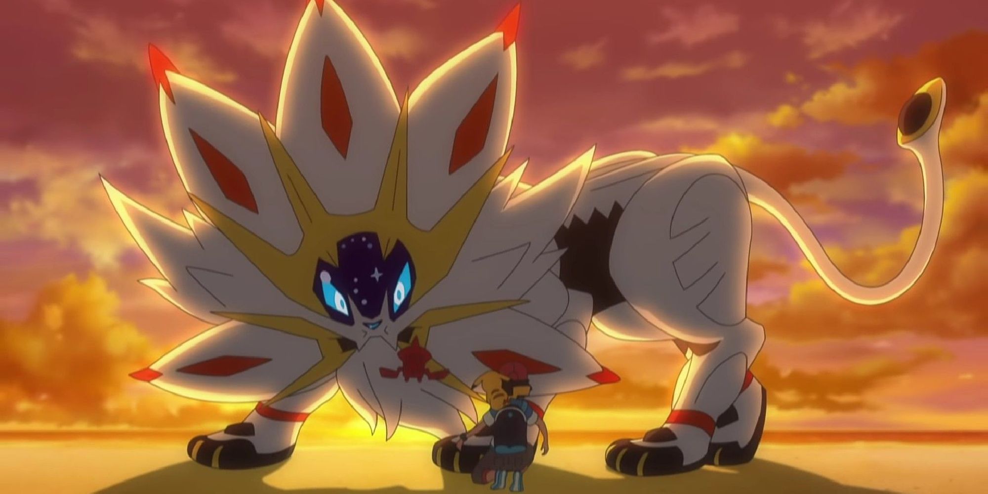 Ash and Pikachu approaching Solgaleo during a sunset in the anime
