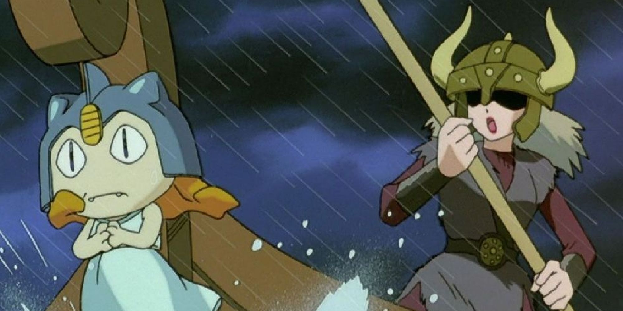 Джесси и Мяут в костюмах викингов плывут на корабле под дождем из аниме "Покемоны"