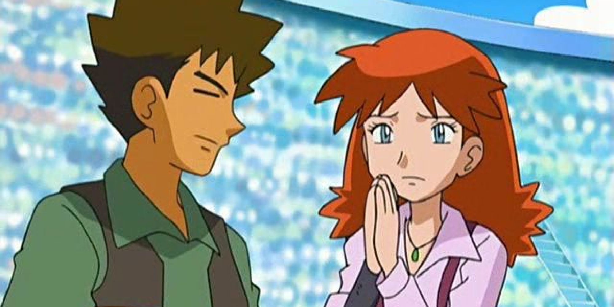 Brock standing with his team battle partner Holly, who looks anxious