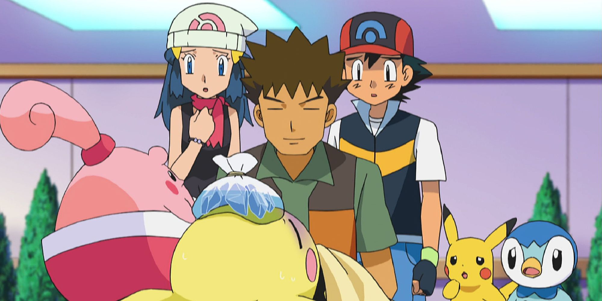 Ash, Dawn, Piplup, and Pikachu watching Brock and Happiny take care of a Pichu