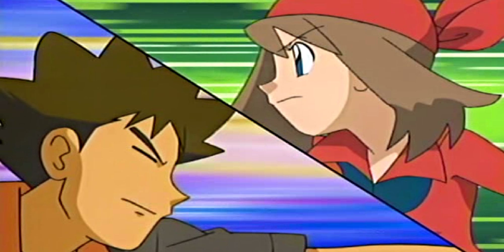 Brock and Misty facing each other against action lines