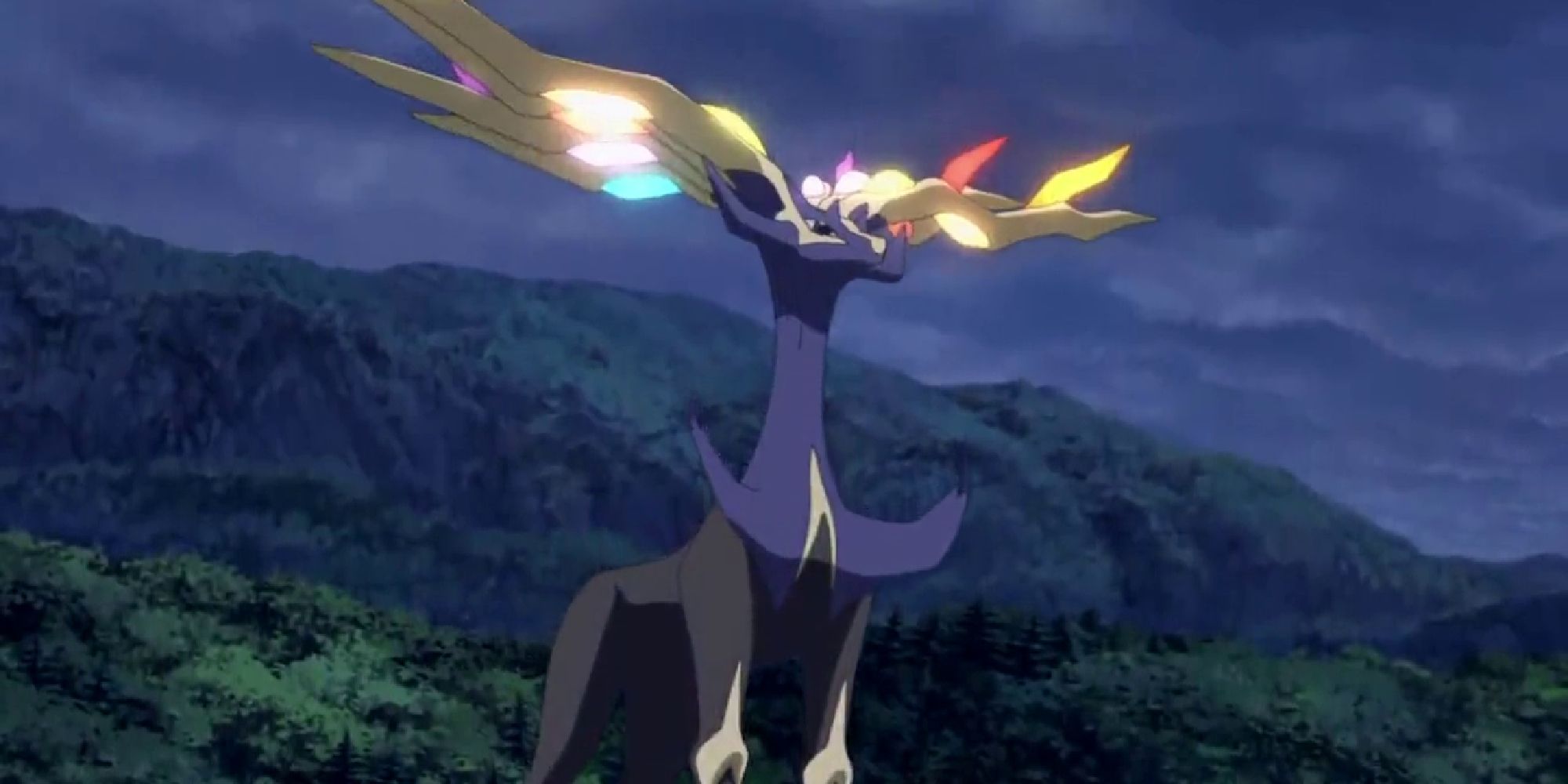 A glowing Xerneas standing majestically in an overcast forest 