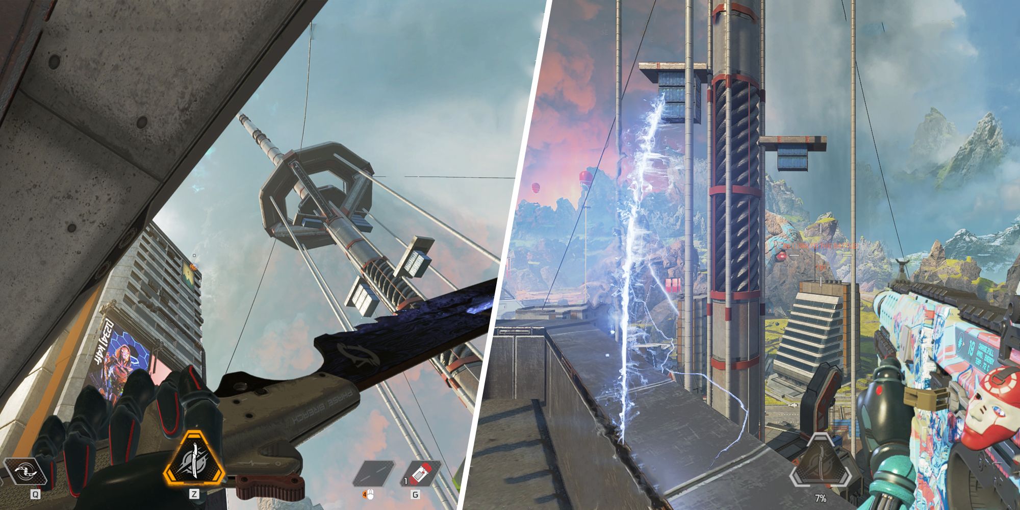 Split image of Ash aiming her ultimate ability Phase Breach, then Ash on top of a skyscraper in Apex Legends