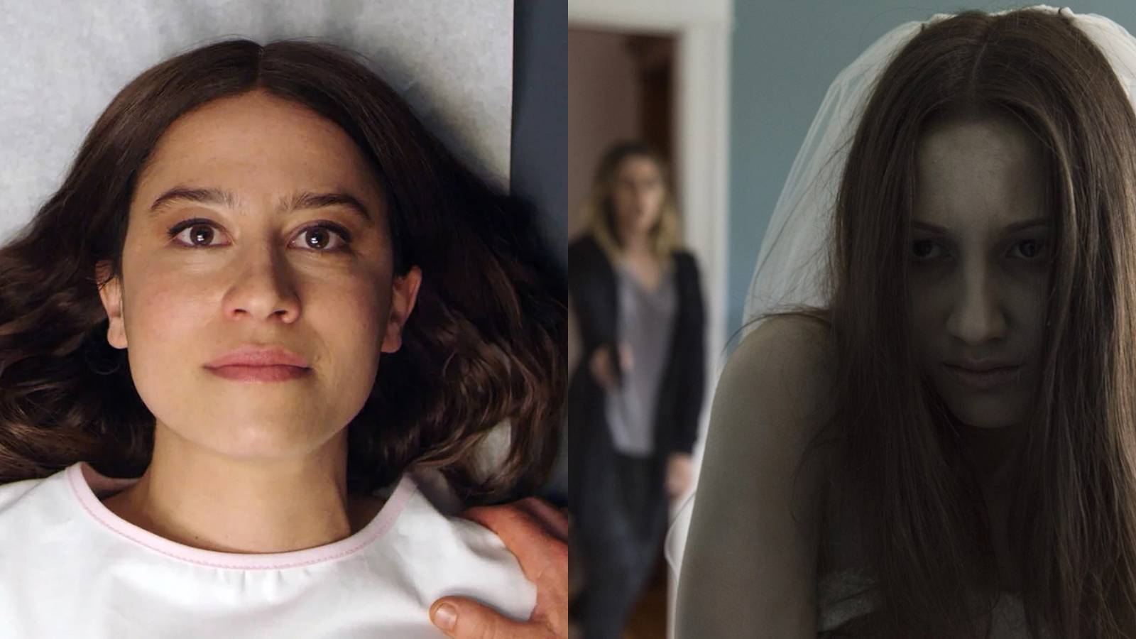 Split image of Lucy in False Positive and Isabelle the ghost in Isabelle