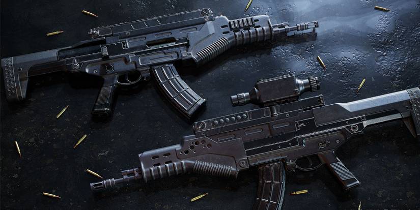 Insurgency Sandstorm image of two black QTS-11 assault rifles laying down next to bullets