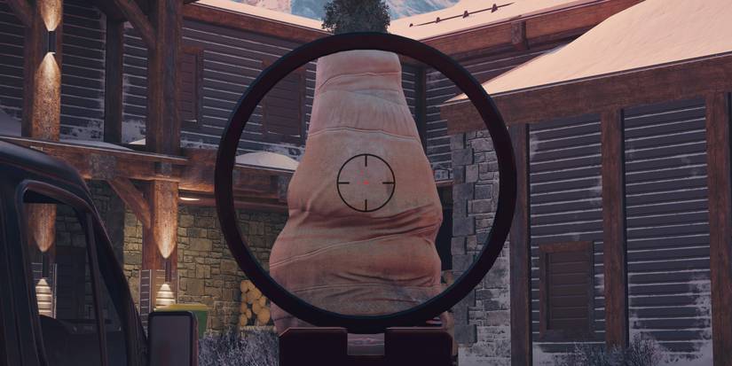 Rainbow Six Siege first person view of .44 Mag pistol scope and reticle on Chalet map