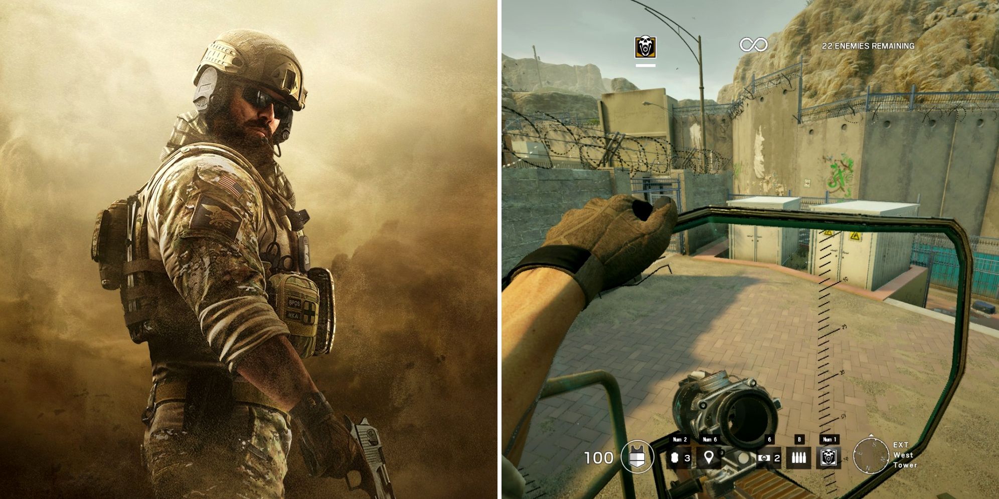 Rainbow Six Siege split image of Blackbeard in sandstorm and first-person view equipping rifle shield to weapon
