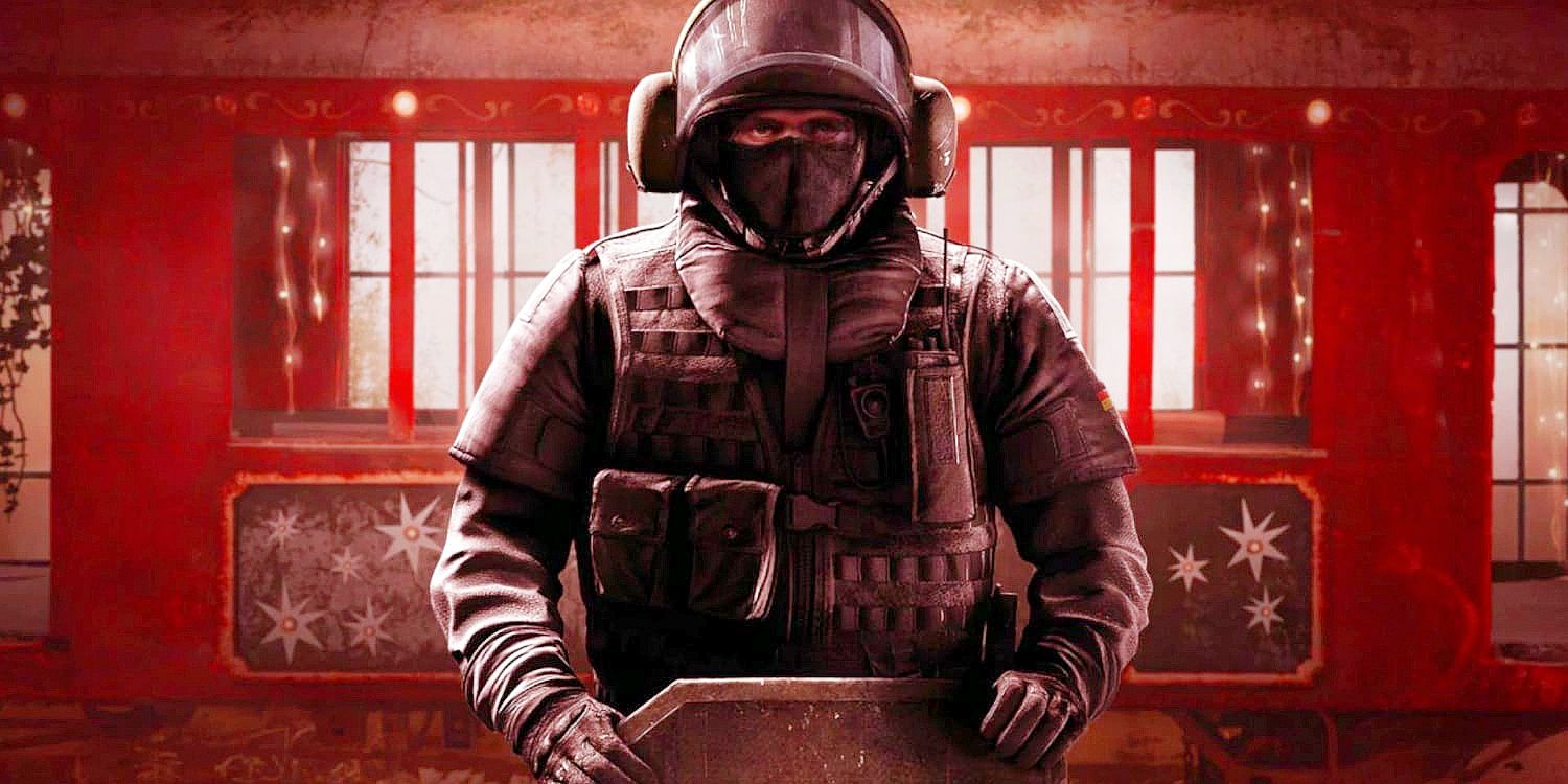 Rainbow Six Siege Blitz holding shield in red light on Themepark map