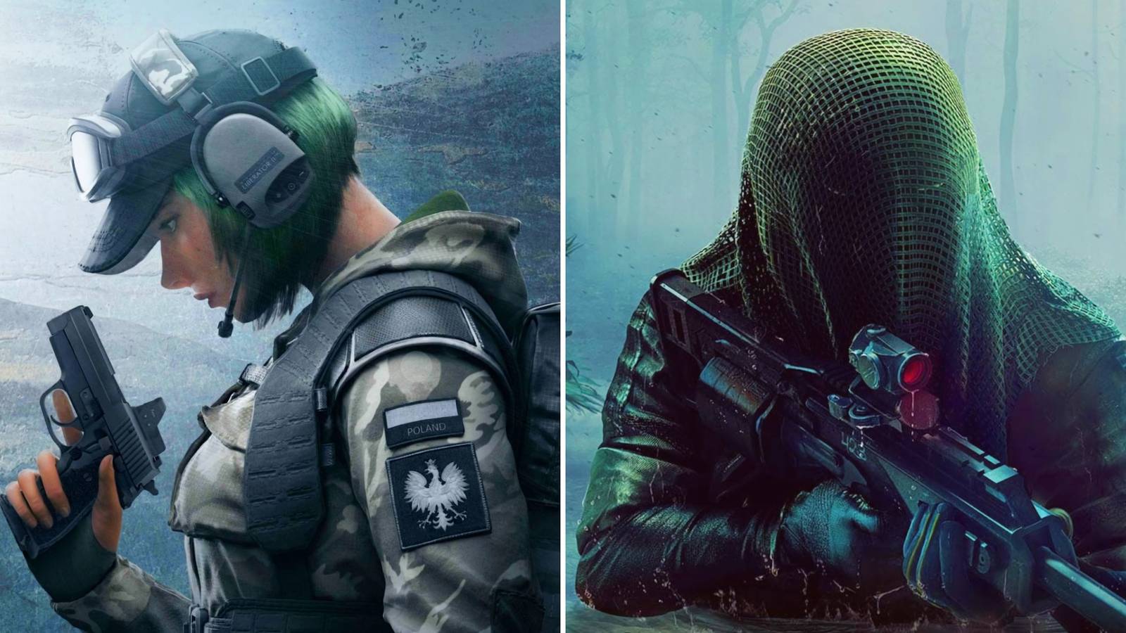 Rainbow Six Siege split image of Ela observing pistol and Nokk with shotgun in swamp
