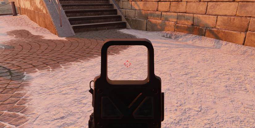 Rainbow Six Siege first person view of Razor holographic sight and reticle on Kafe map