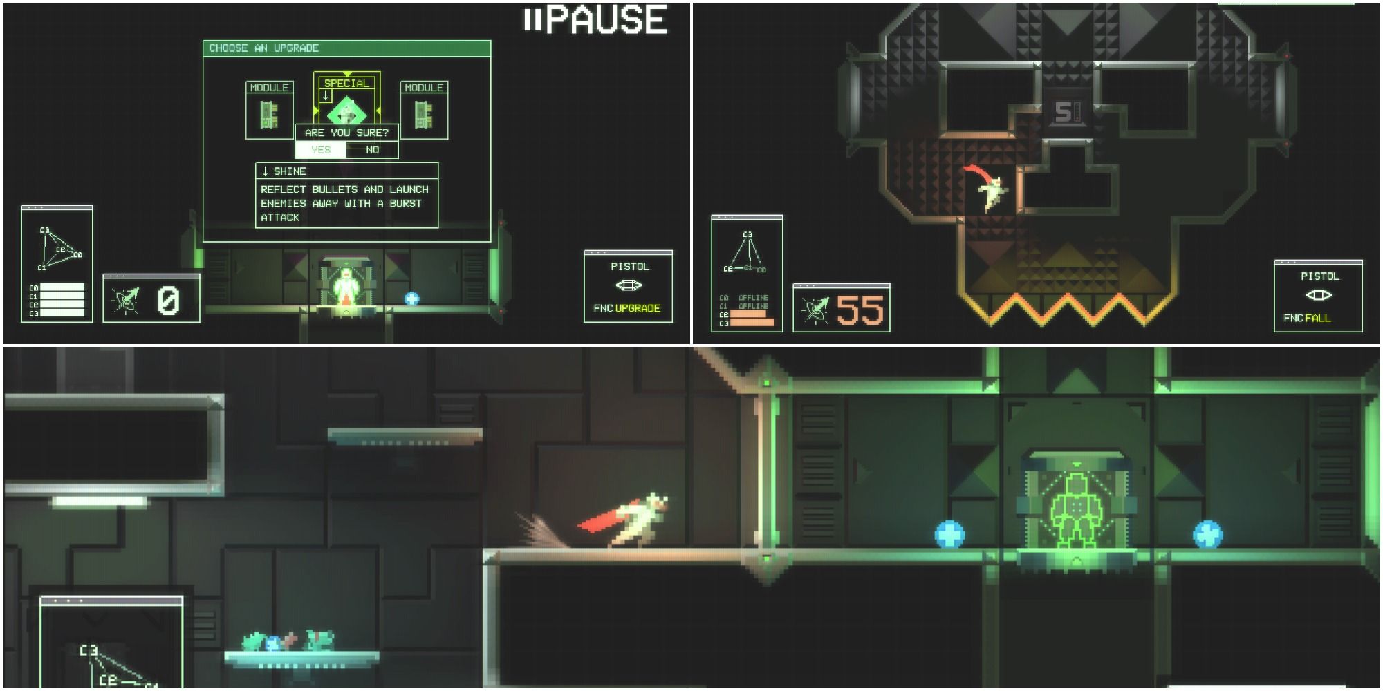 Split image two platforming sections and an upgrade screen from the game Recursor