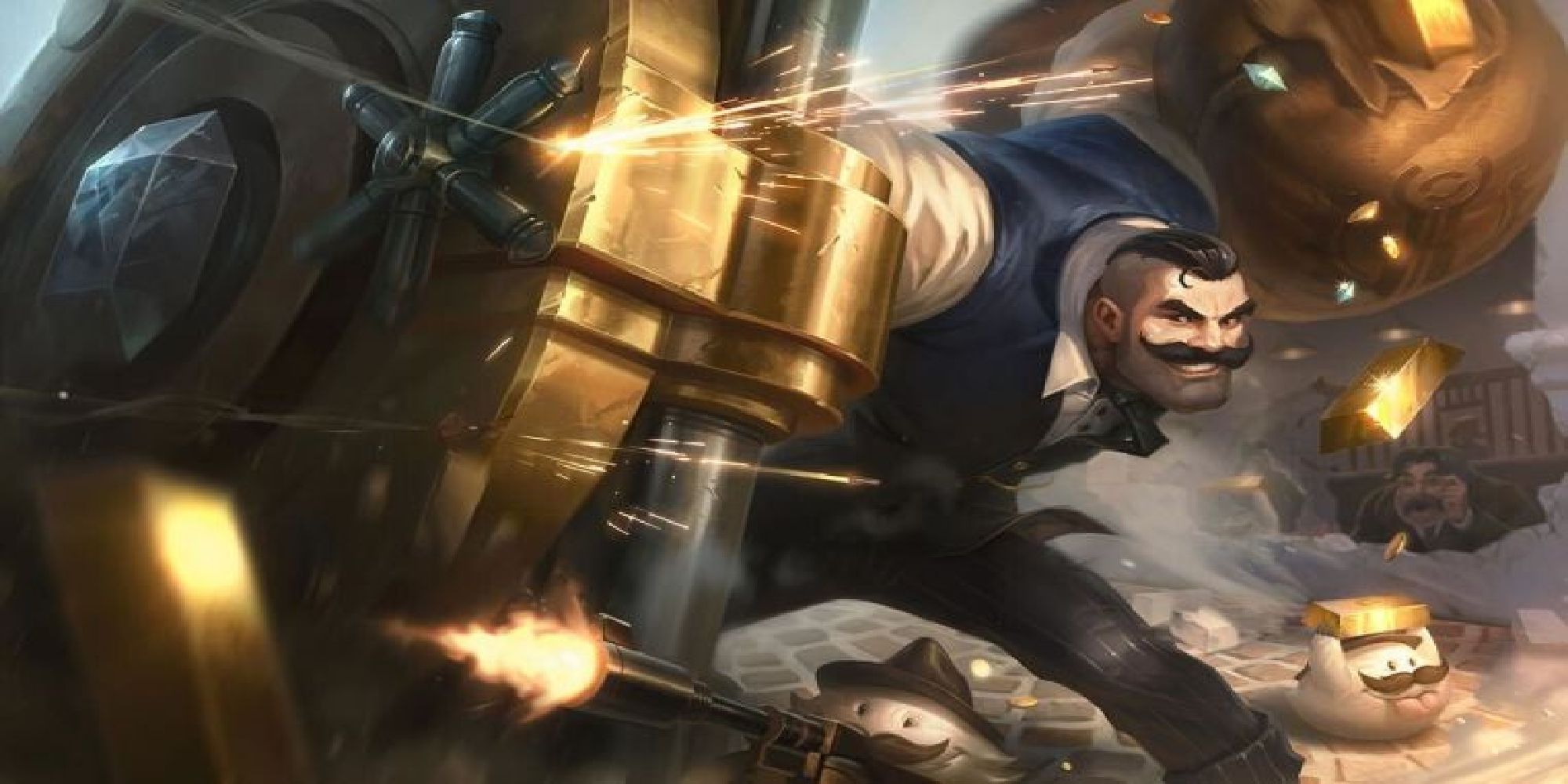 Crime City Braum blocks bullets with his shield in his League of Legends splash art.