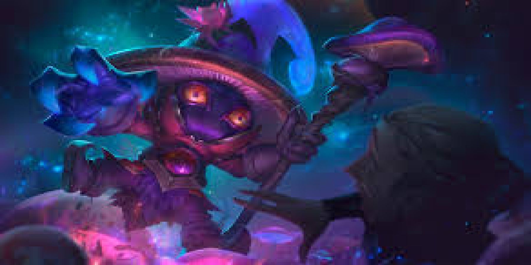 Elderwood Veigar scares a human in his League of Legends splash art.