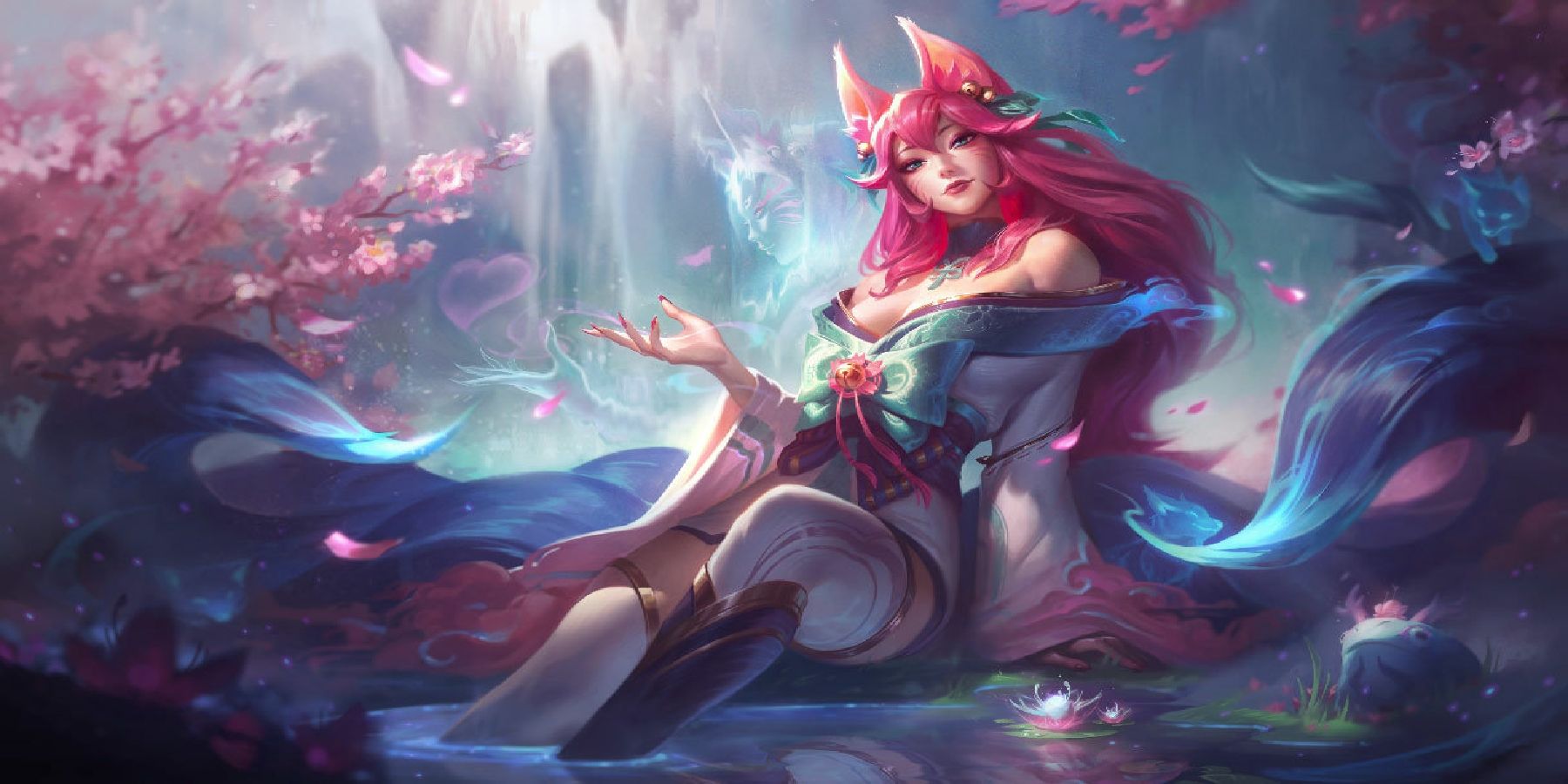 League of Legends Ahri sitting in a pond surrounded by flowers