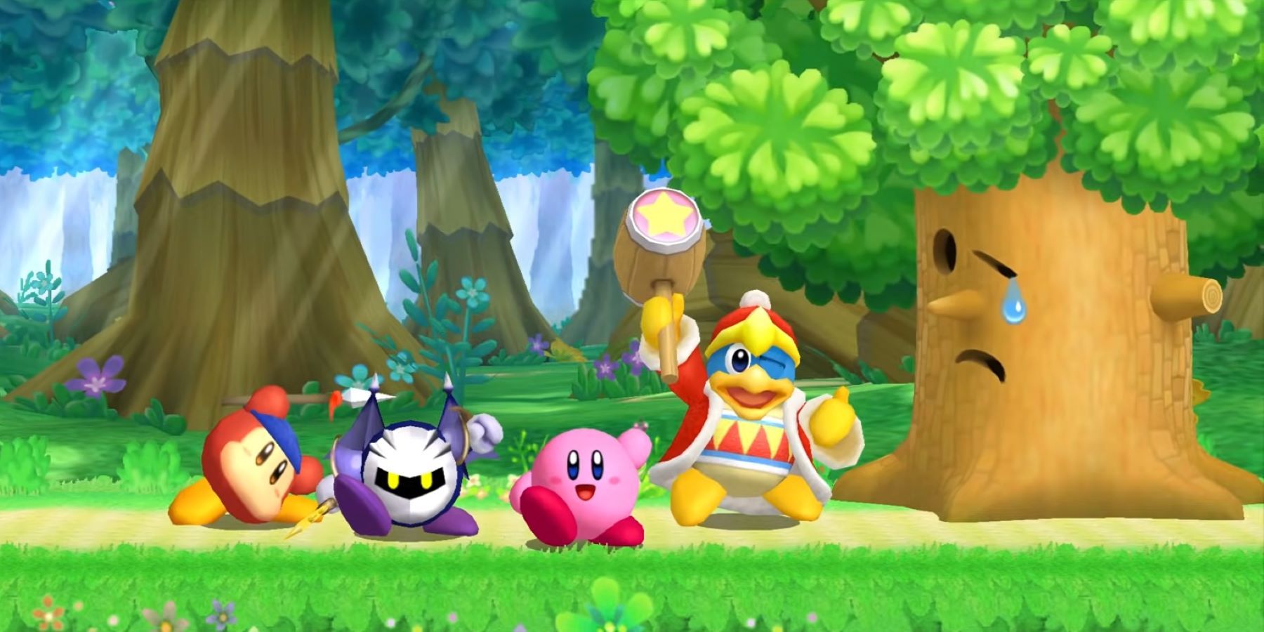 Kirby, Meta Knight, King Dedede, and Bandana Waddle Dee after defeating Whispy Woods in Kirby's Return to Dream Land