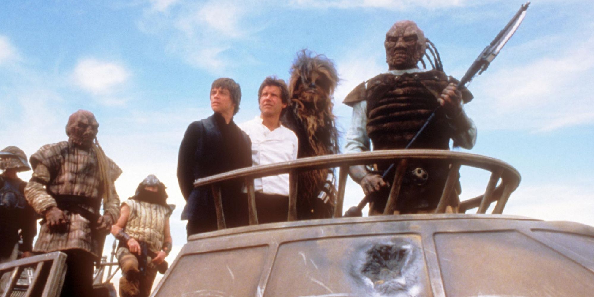 Han, Luke, and Chewy on board Jabba's cruiser about to be thrown into the Sarlacc Pit