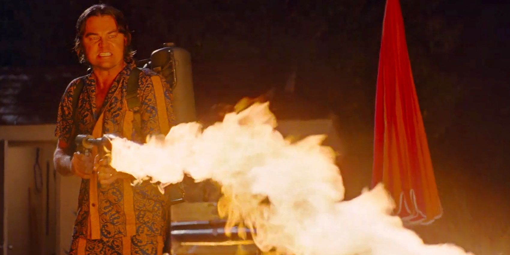 Rick Dalton using a flamethrower in Once Upon a Time in Hollywood