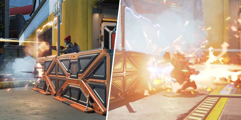 Lifeline fights behind Rampart's Amped Cover, but Mad Maggie's Riot Drill knocks her down in Apex Legends.