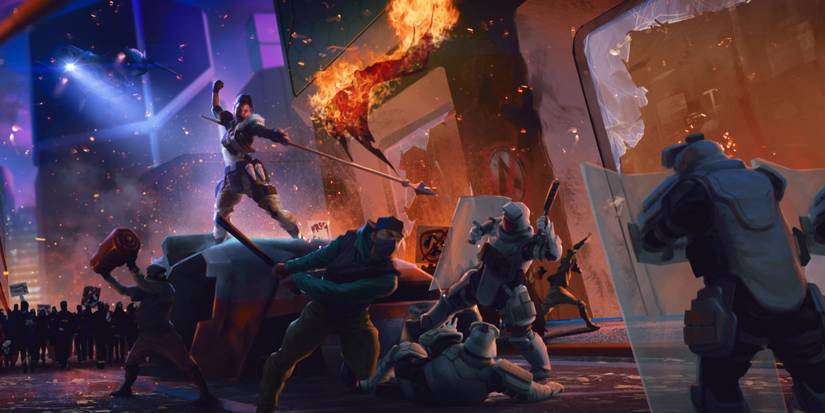 Mad Maggie incites a riot on the planet Salvo, as riot police with shields approach in Apex Legends.