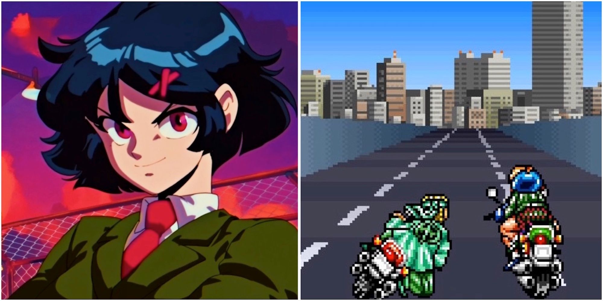 Misako and riding a motorcycle in co-op in River City Girls Zero