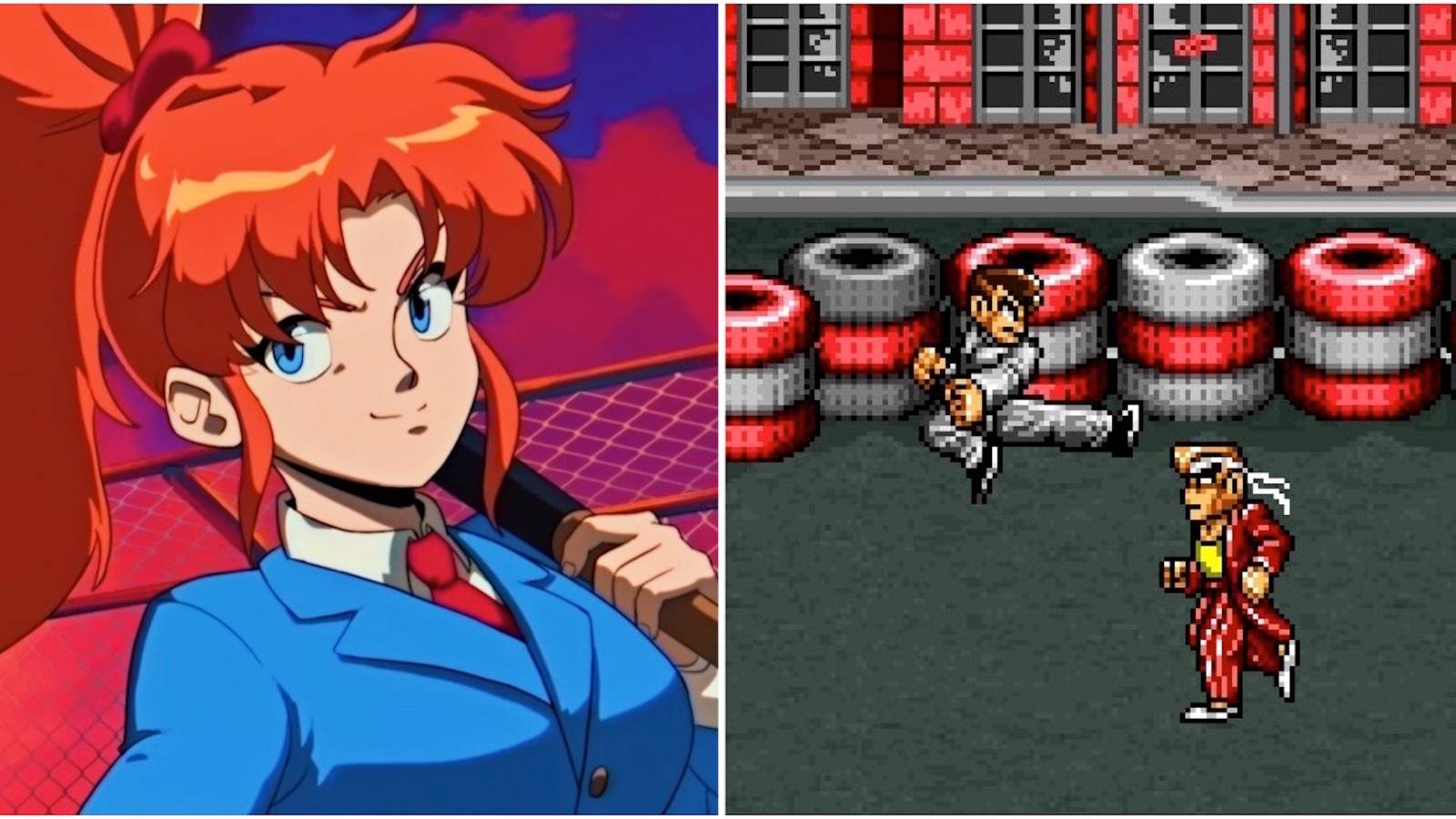 Kyoko and fighting a boss in River City Girls Zero