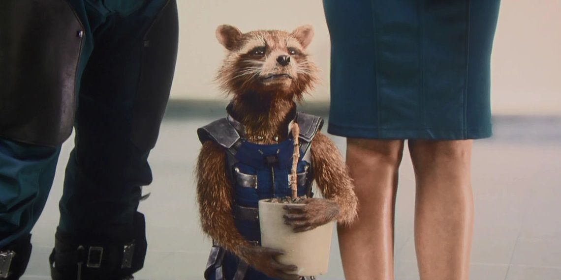 Rocket holds the replanted Groot in Guardians of the Galaxy