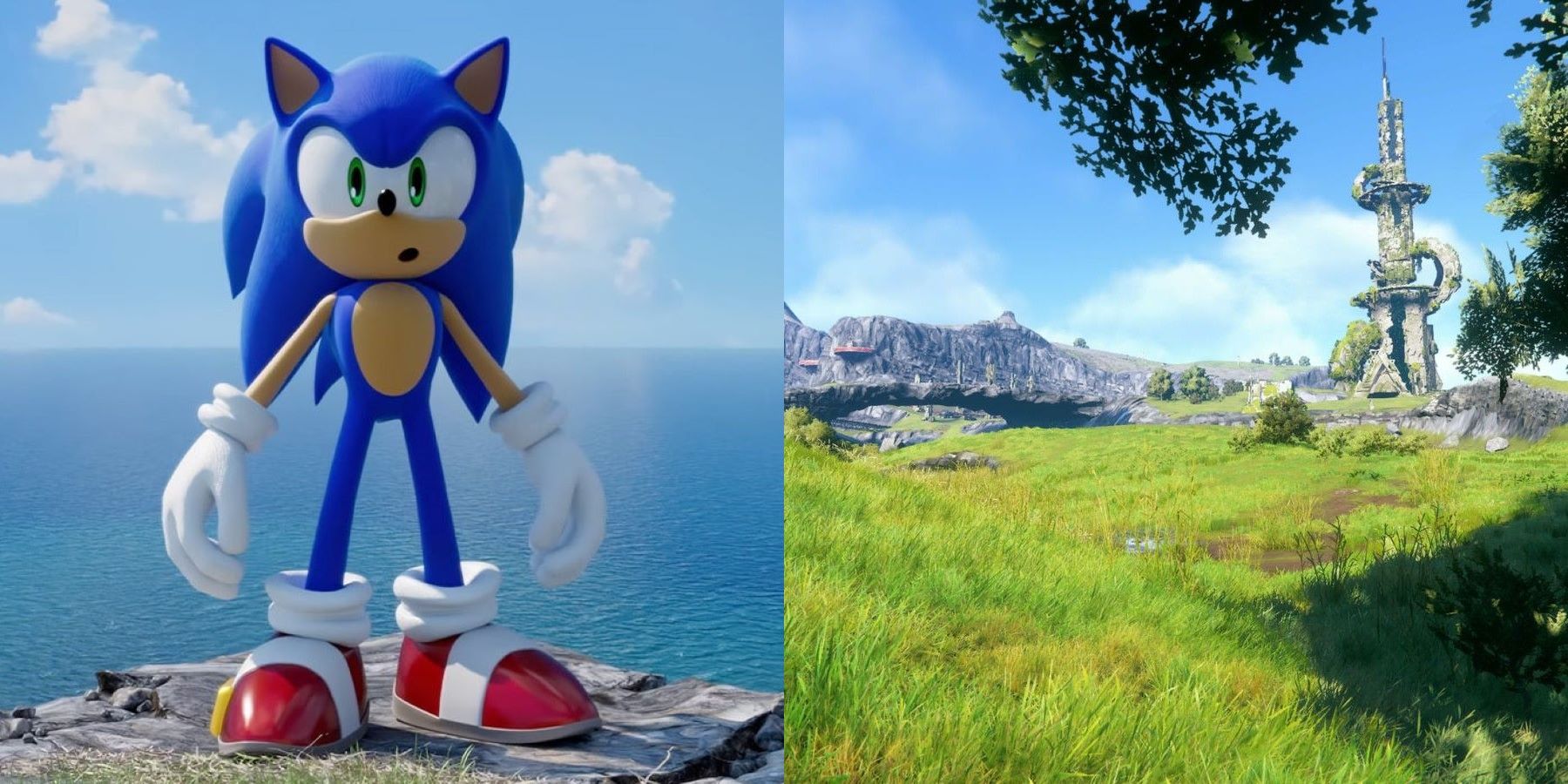 Sonic standing at the edge of a cliff next to the Starfall Islands landscape in Sonic Frontiers