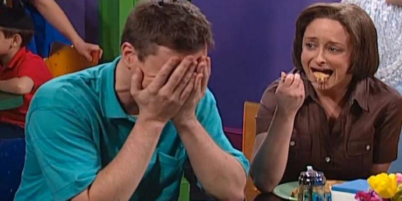 Rachel Dratch and Jimmy Fallon breaking in the first Debbie Downer sketch