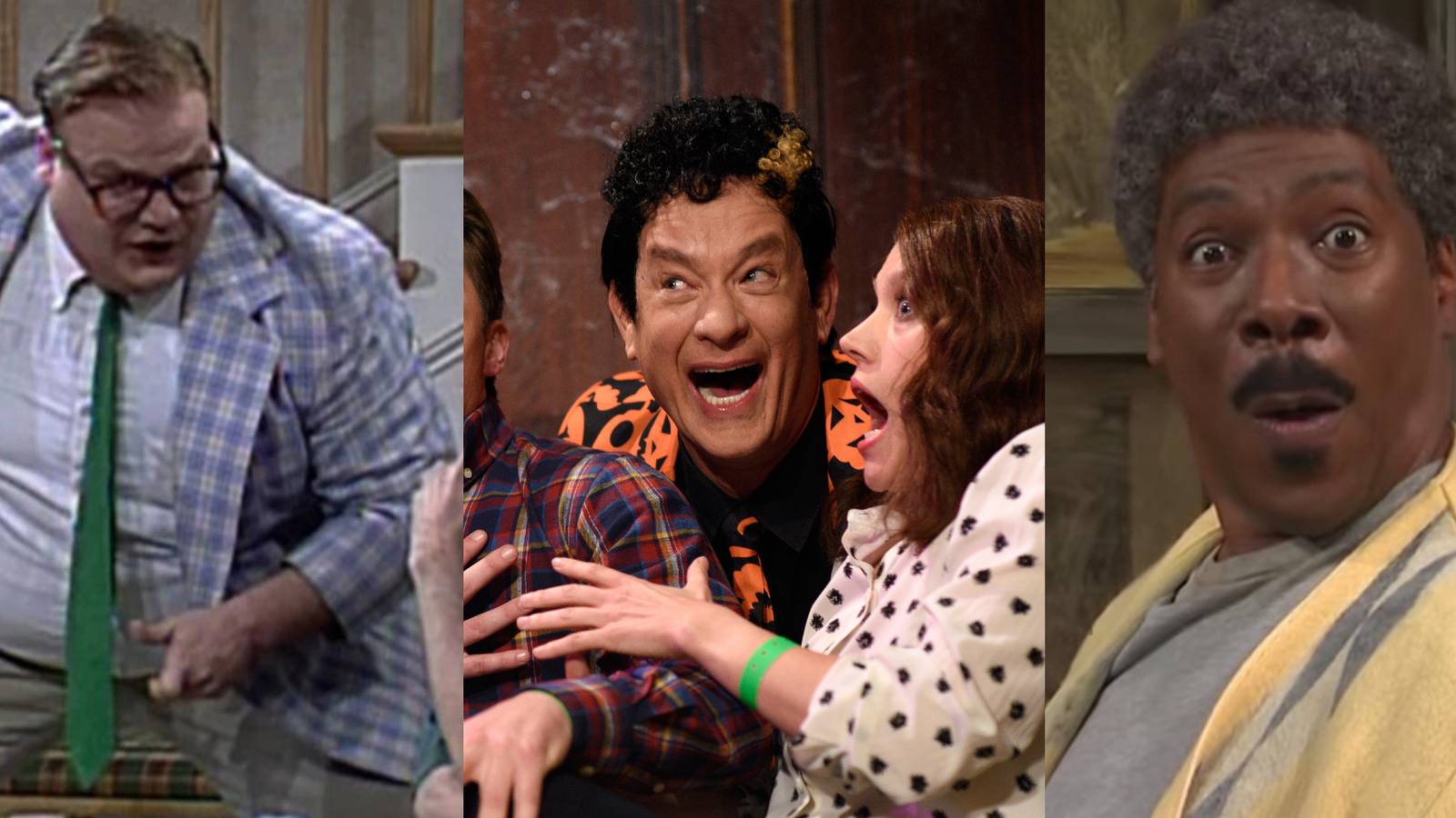 Chris Farley as Matt Foley; Tom Hanks as David S Pumpkins scaring Beck Bennett and Kate McKinnon; Eddie Murphy as an older Mr Robinson