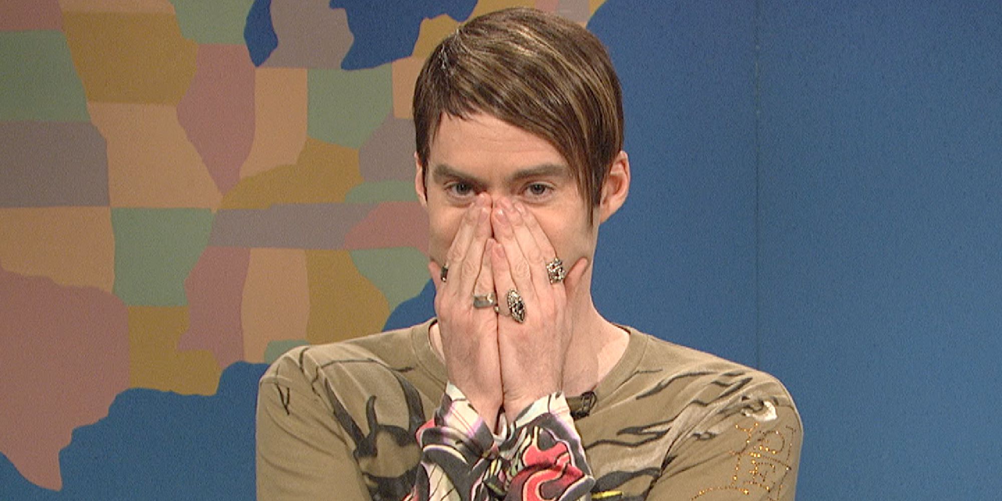 Bill Hader as Stefon on Weekend Update covering his face to laugh