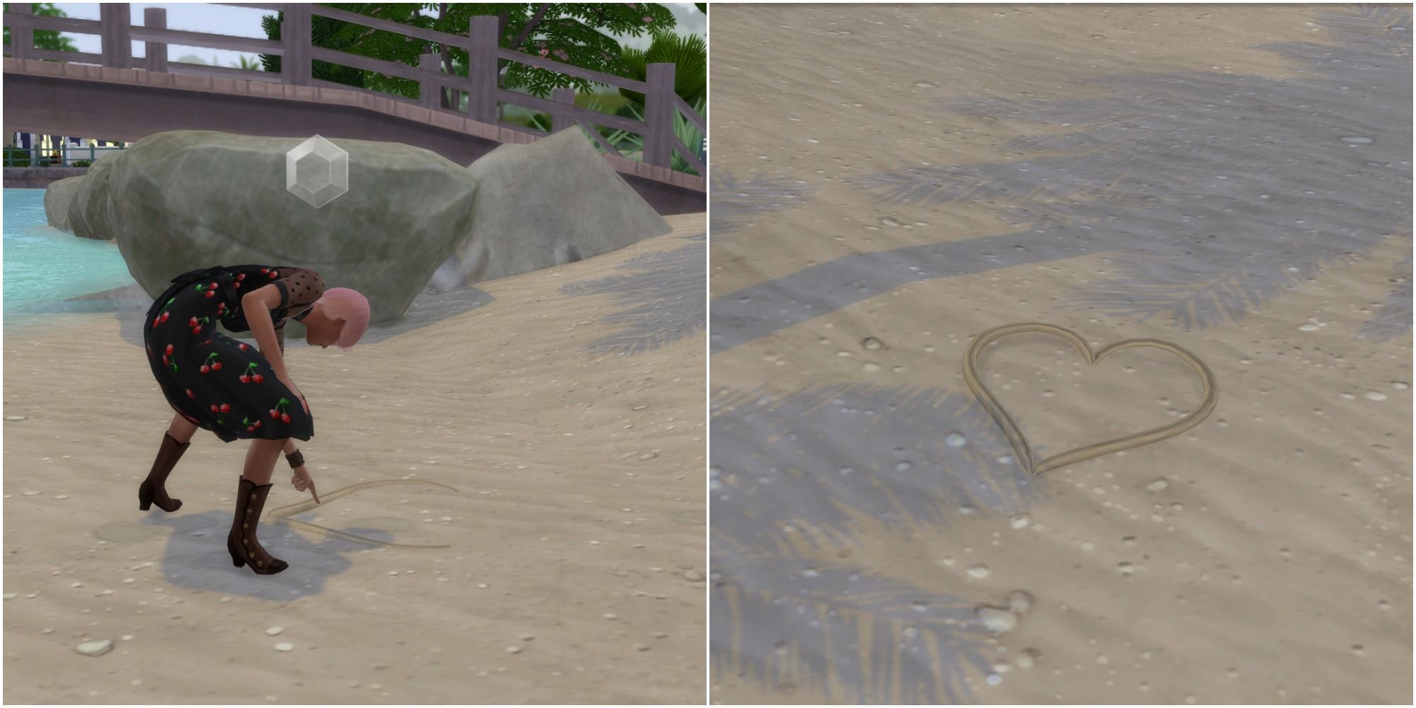 A woman drawing a heart in the sand in The Sims 4: My Wedding Stories