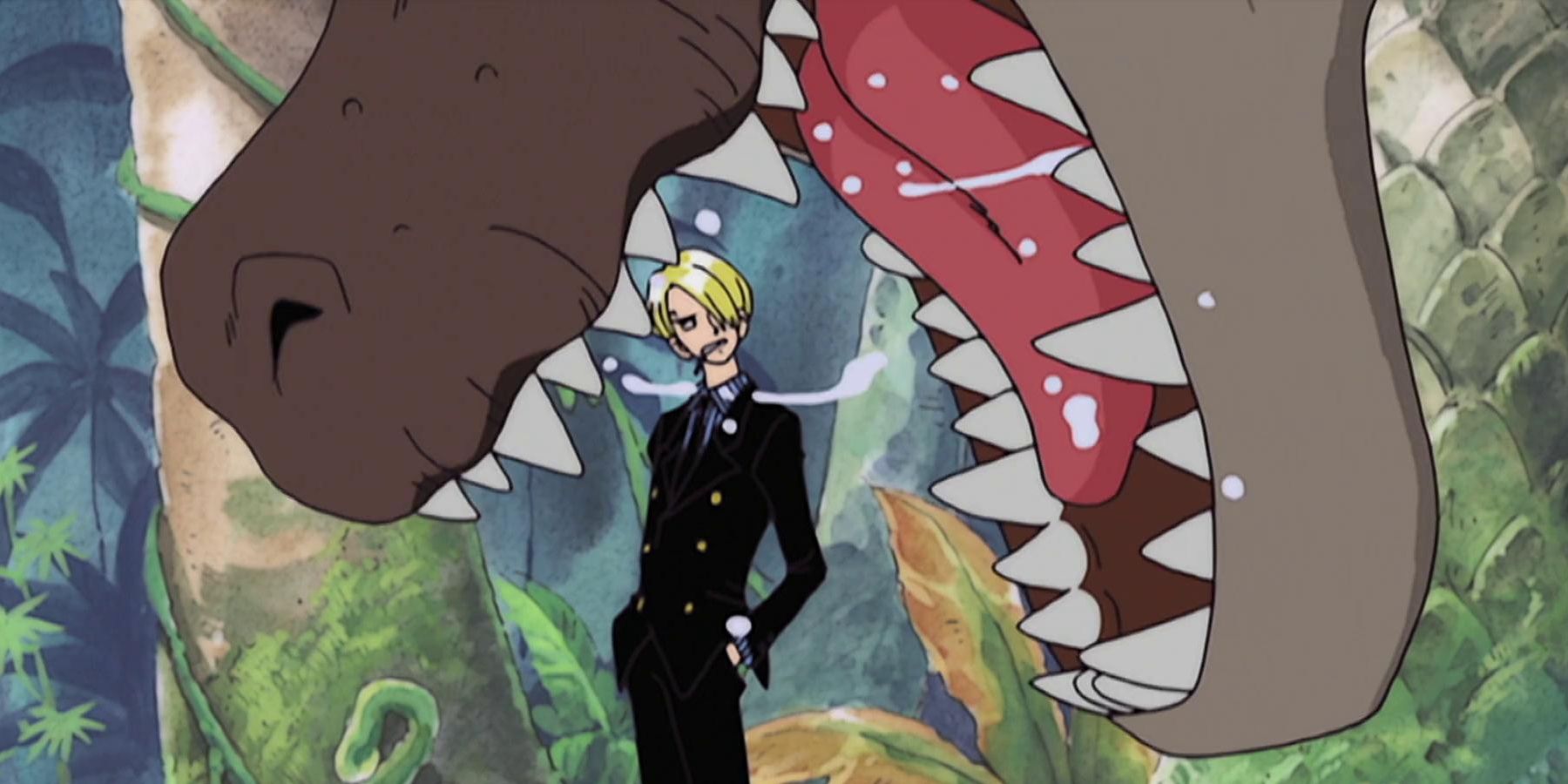 Sanji about to be eaten by a dinosaur