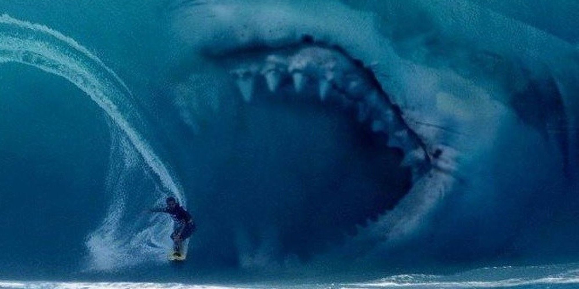 Screenshot from the Meg of the Megalodon about to eat a surfer