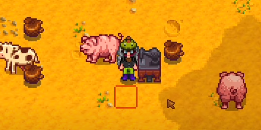 Stardew Valley character wearing dark bandana shirt and dinosaur hat in middle of field