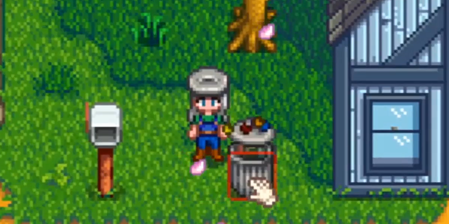 Stardew Valley character standing next to trash can wearing Garbage Hat