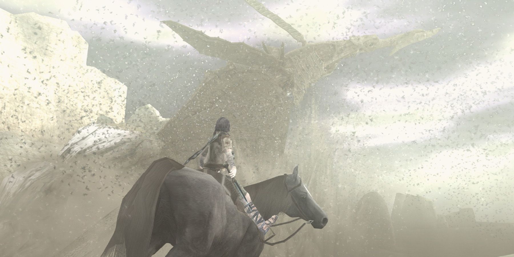 Shadow Of The Colossus ps3 hd riding the horse looking at a colossus