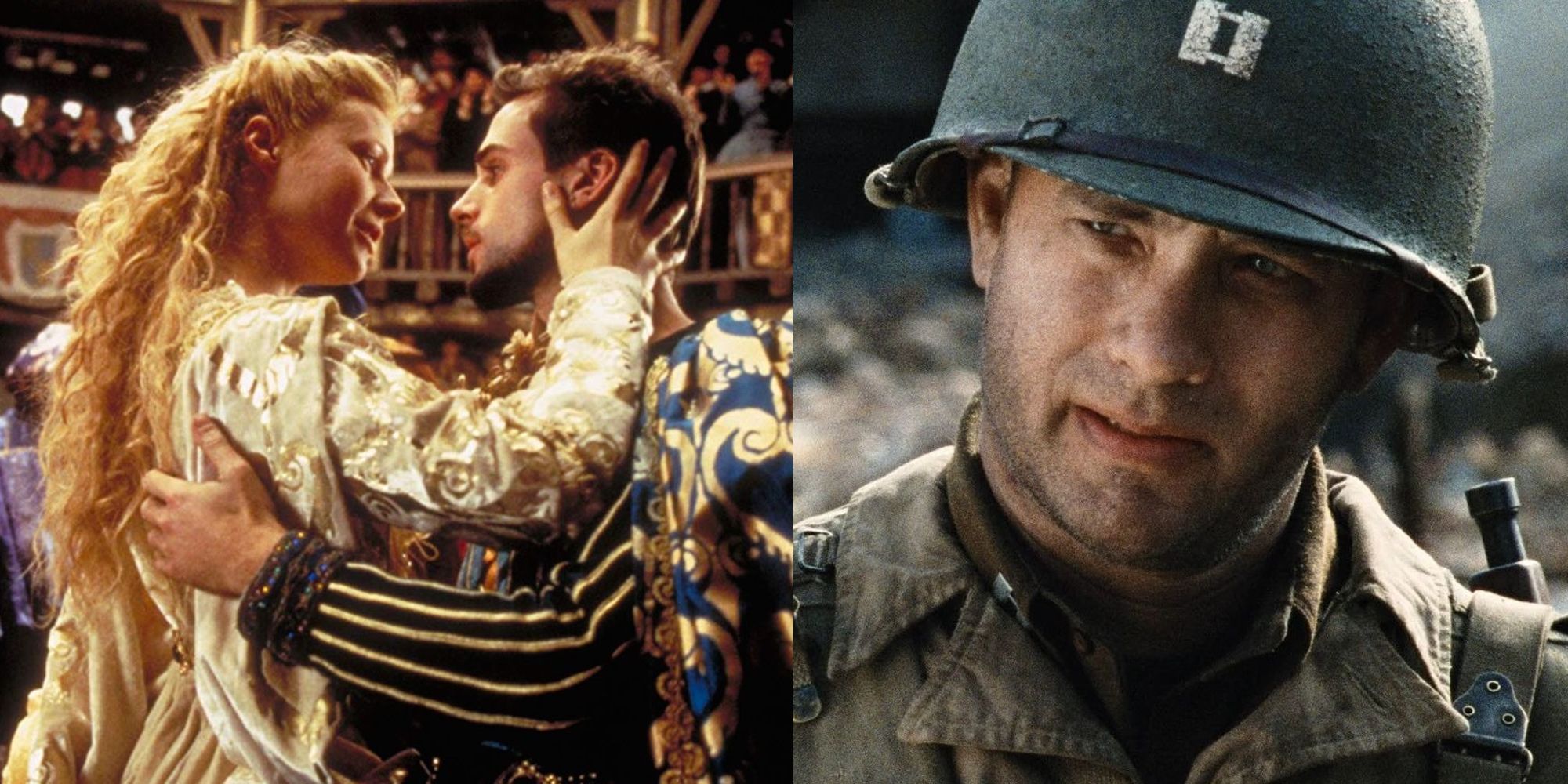 Gwyneth Paltrow and Joseph Fiennes in Shakespeare in Love; Tom Hanks in Saving Private Ryan