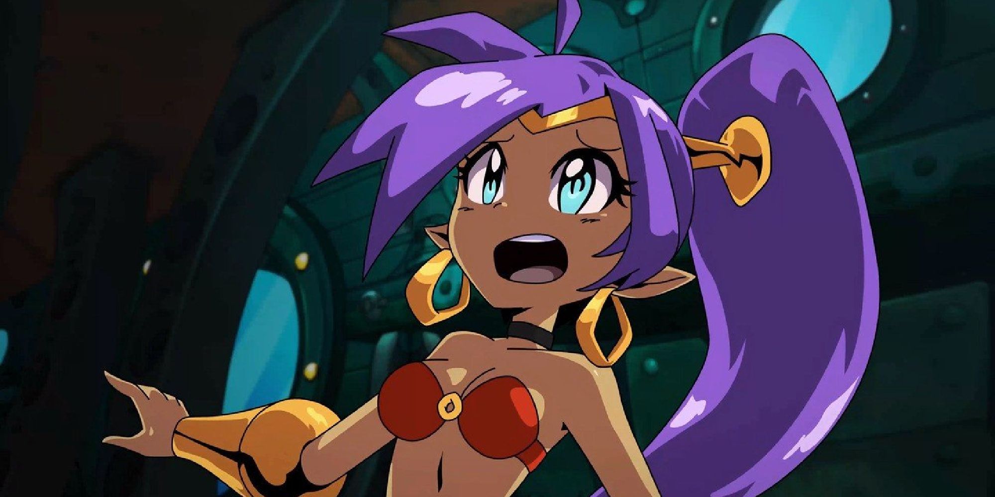 Shantae looking frightened in a cave in Shantae and the Seven Sirens