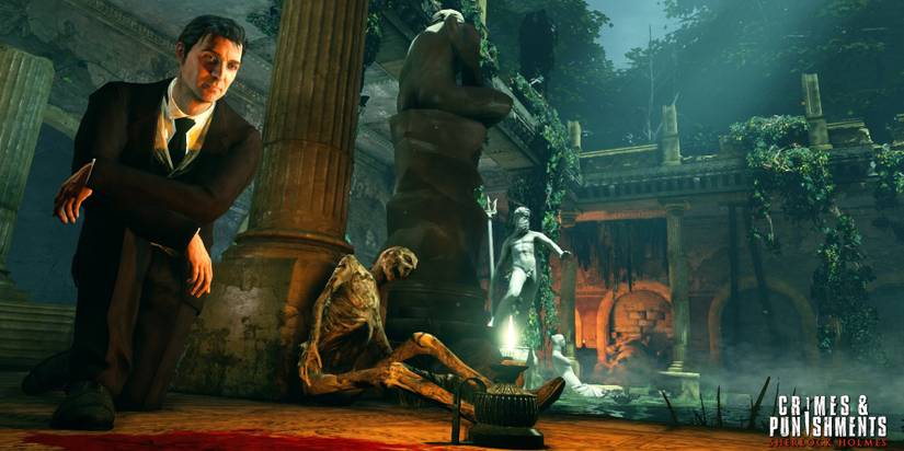 Sherlock Holmes kneeling by a skeleton in a temple in Crimes & Punishments