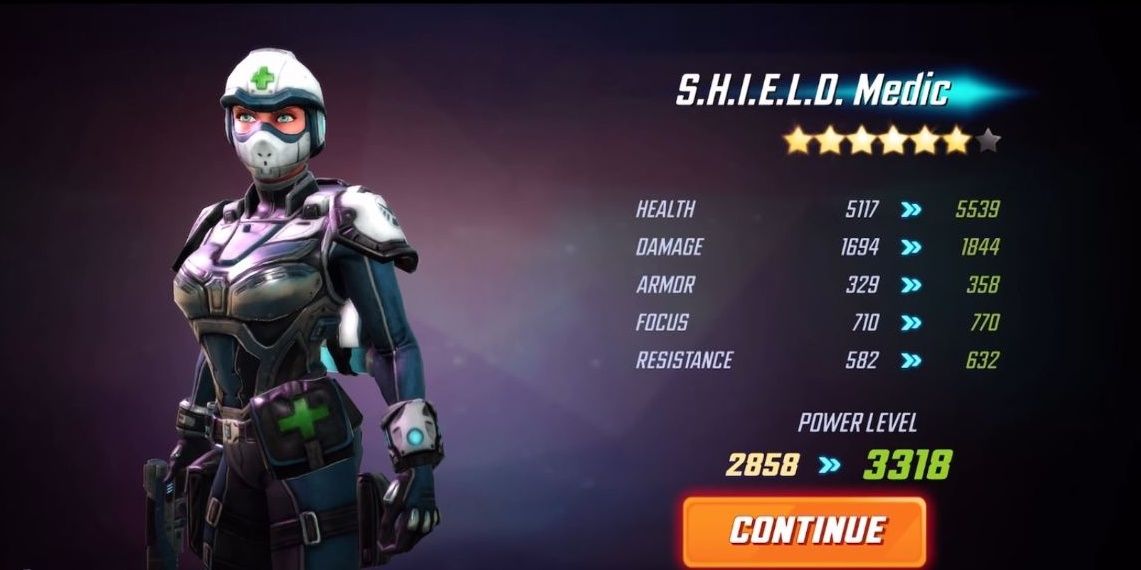 Showcase of a 6-star S.H.I.E.L.D Medic from Marvel Strike Force.