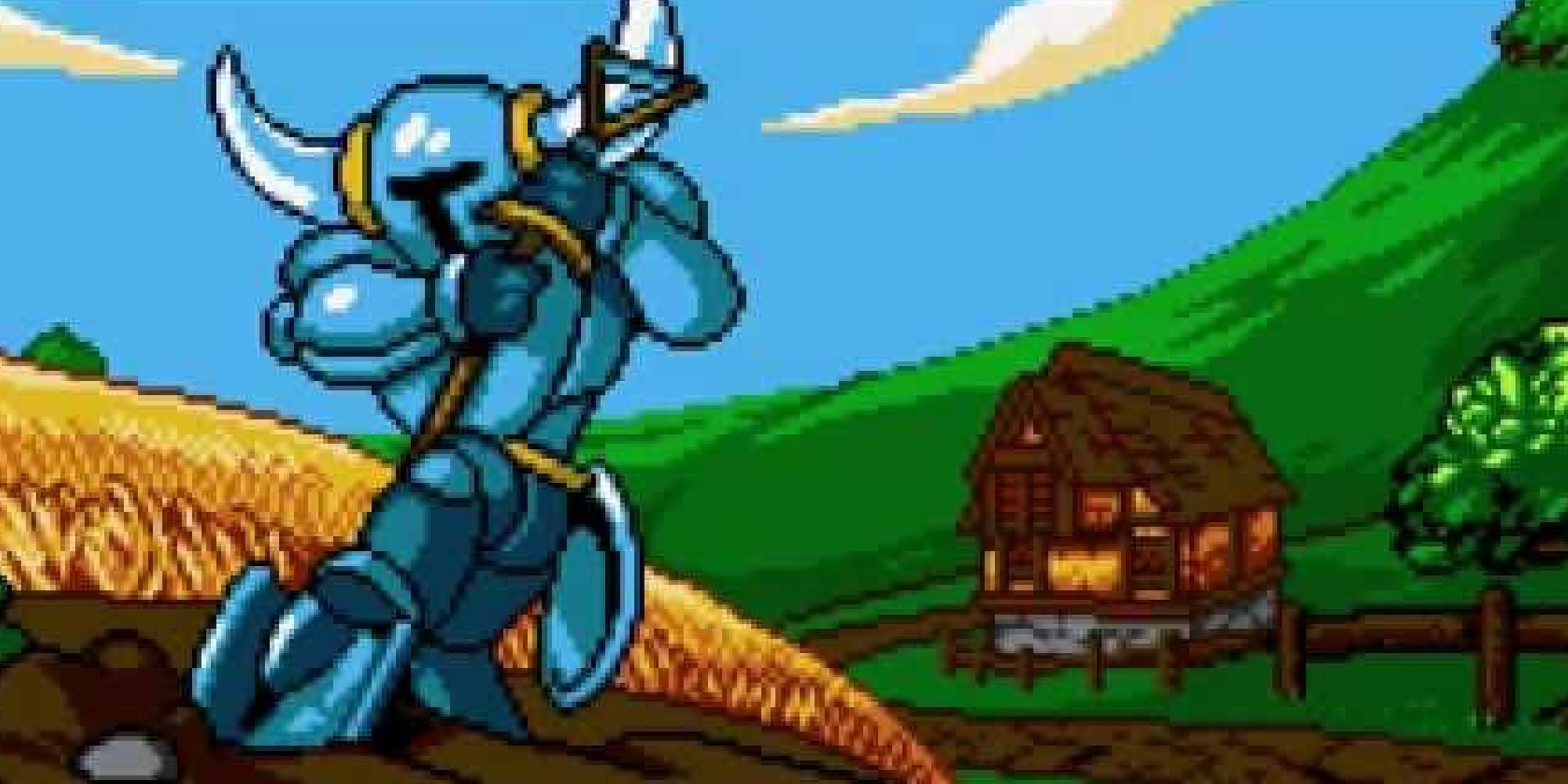 Shovel Knight working on a farm in a cutscene from Shovel Knight