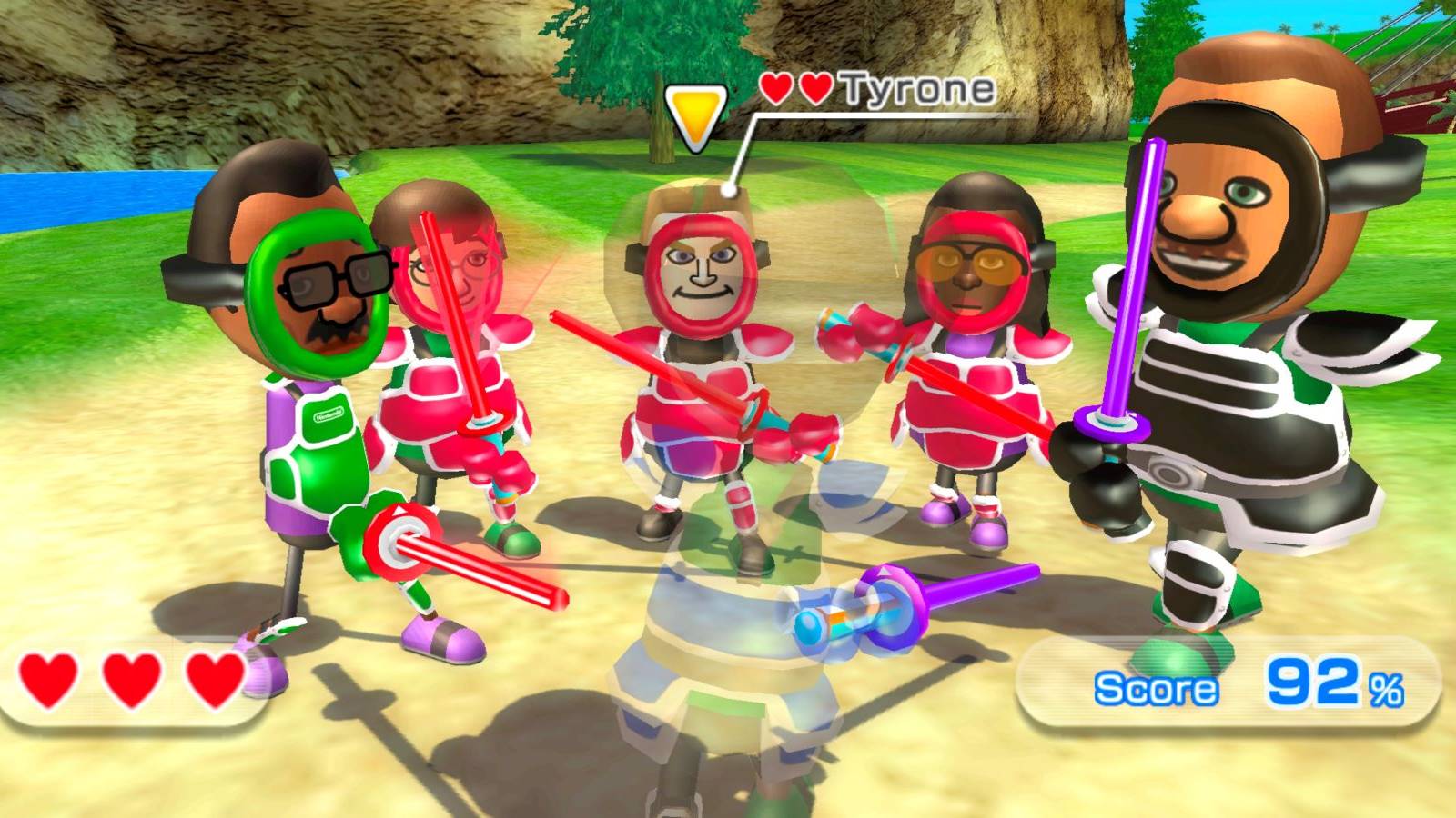 A Wii Sports Resort player battling several Miis in Swordplay's Showdown mode