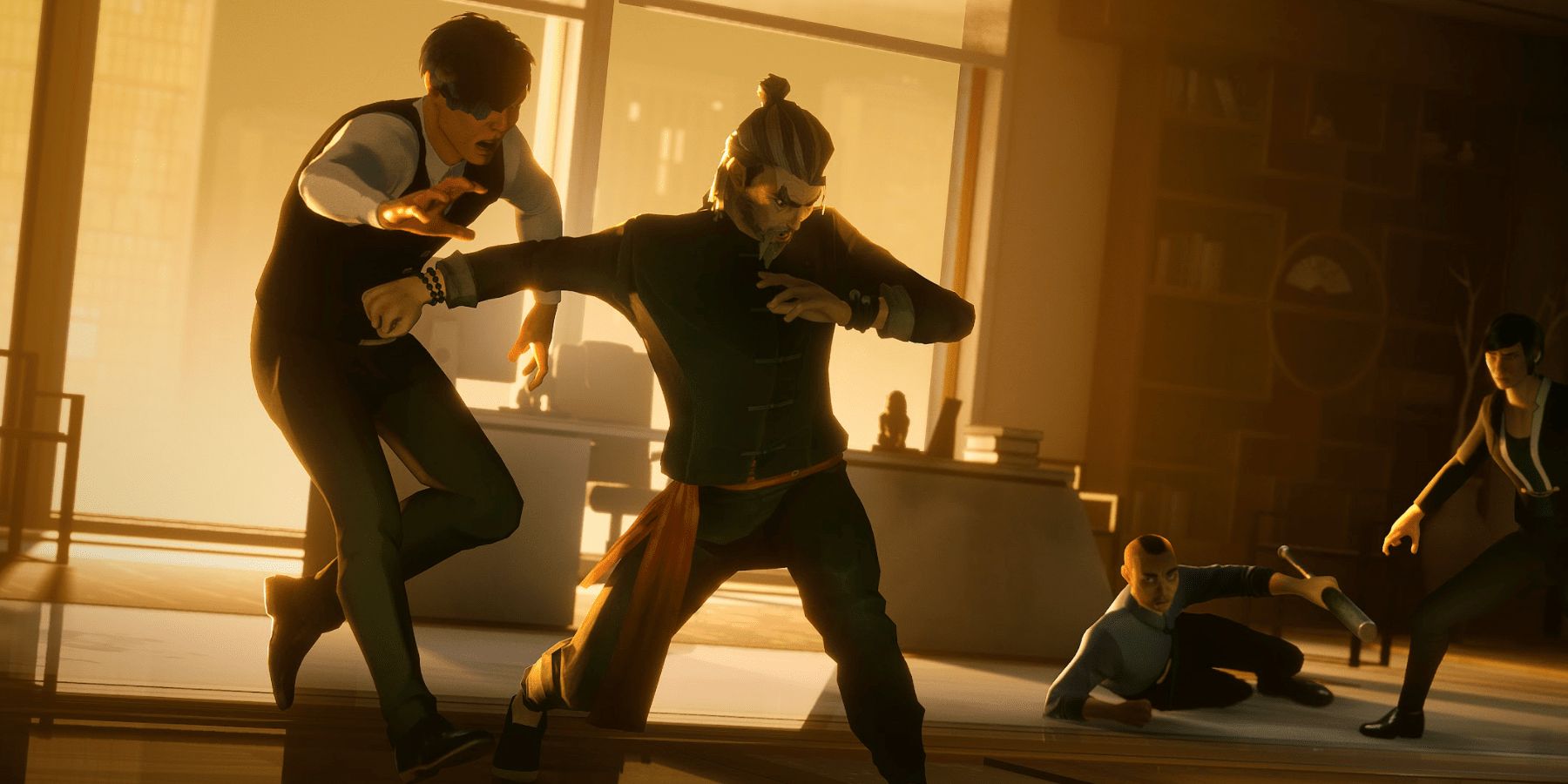 Sifu protagonist fights three men at sunset in dojo