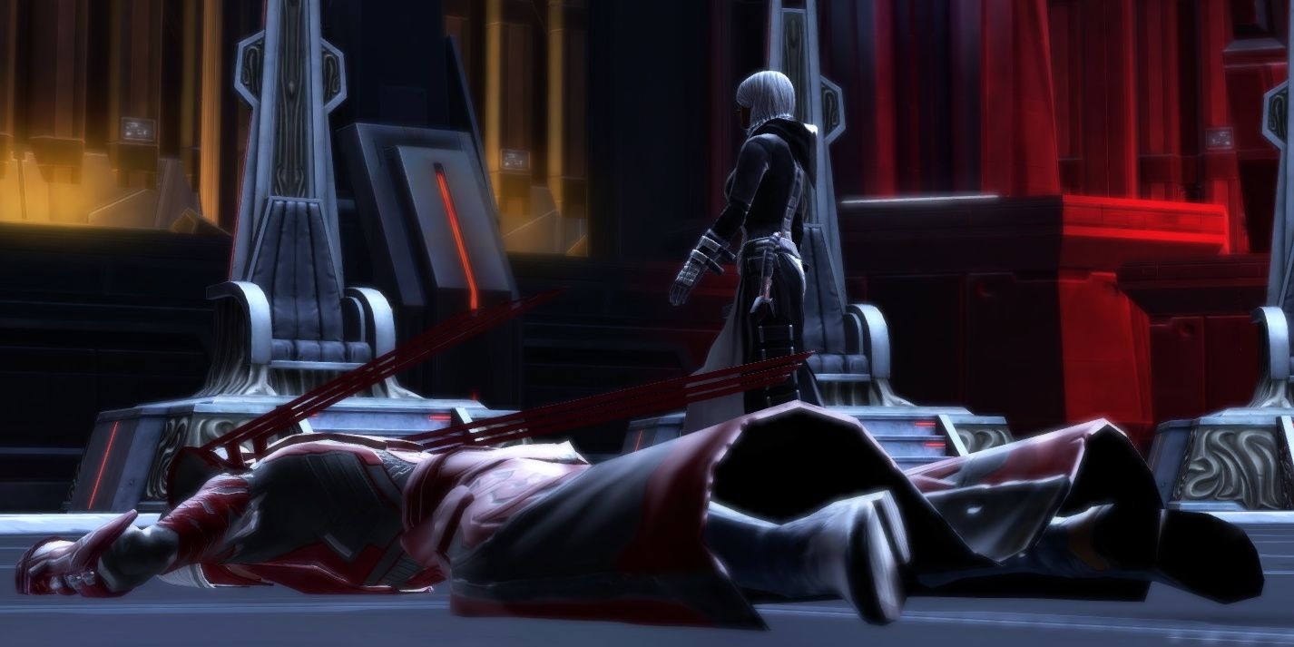 Gameplay footage of the death of a Dark Council member by the hands of another member from Star Wars: The Old Republic.