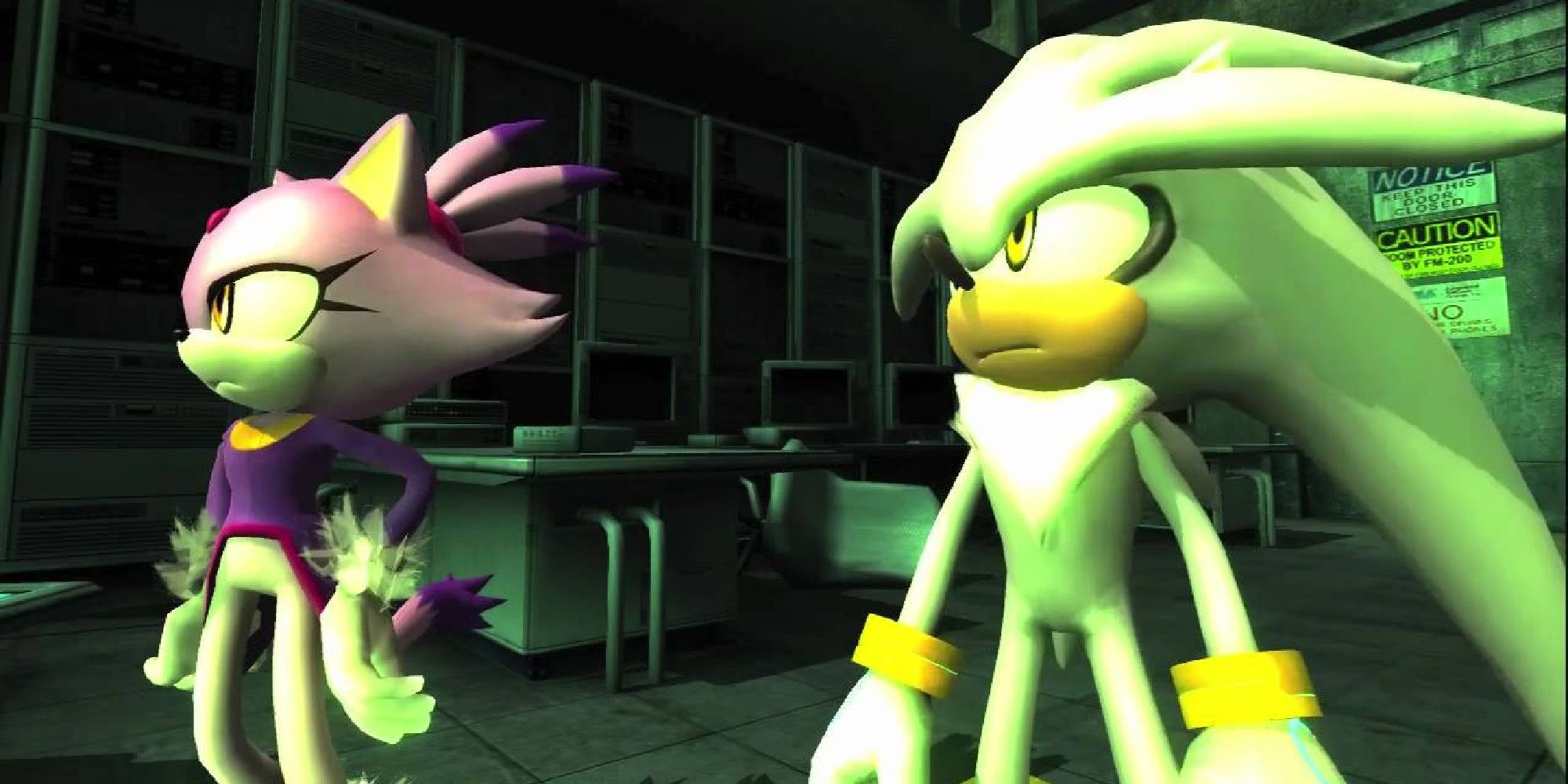 Silver and Blaze in a lab during a cutscene in Sonic 06
