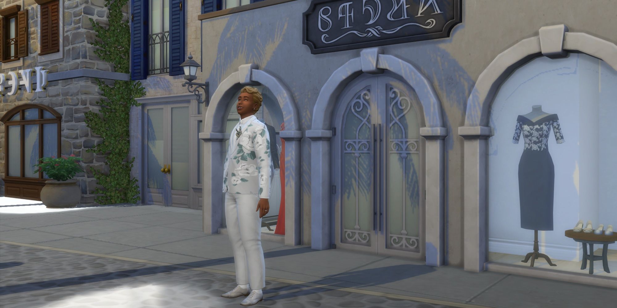 A well-dressed sim exiting a boutique in Tartosa in The Sims 4: My Wedding Stories