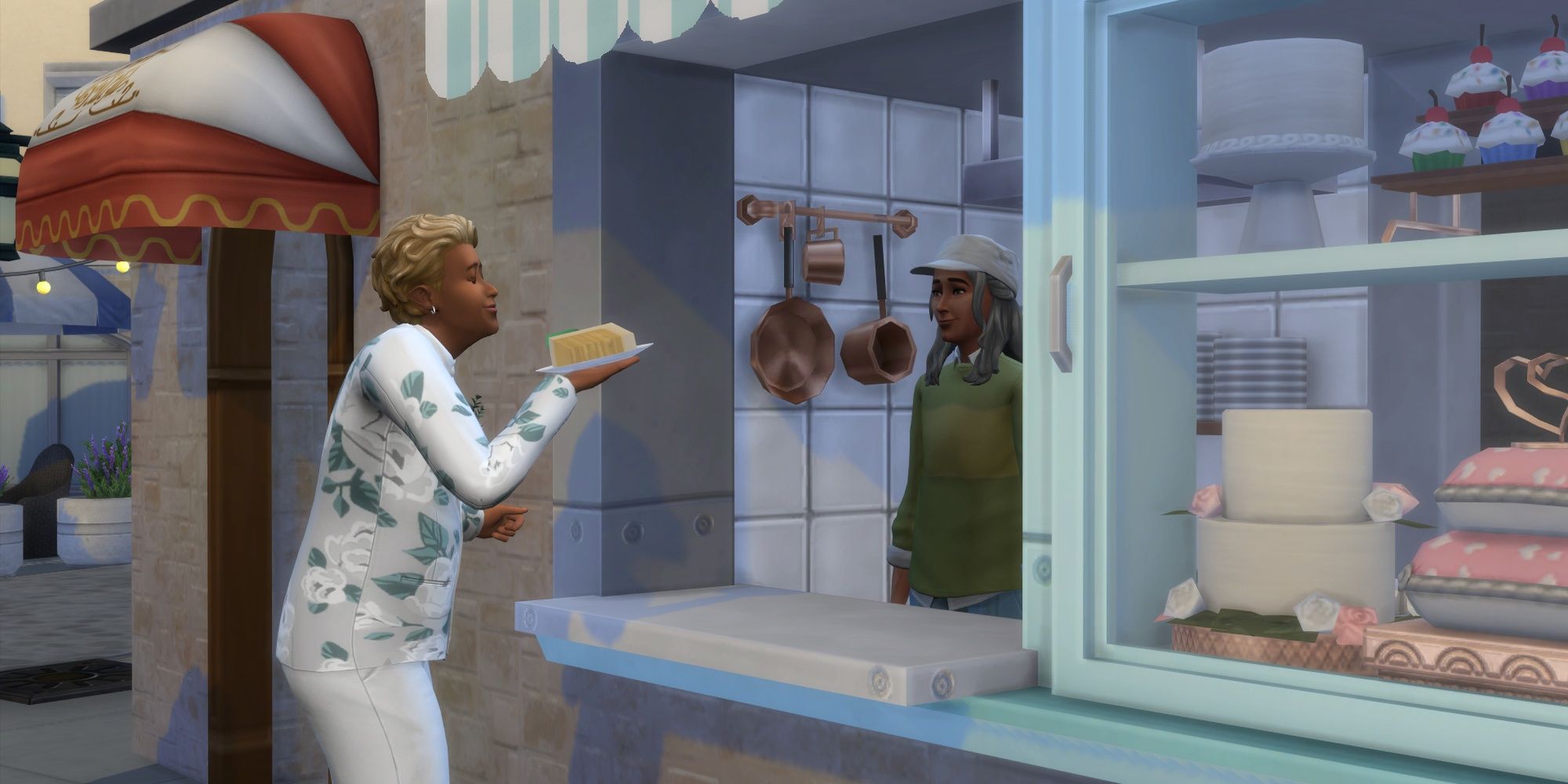 A sim buying a cake slice from Tartosa's stall in The Sims 4: My Wedding Stories